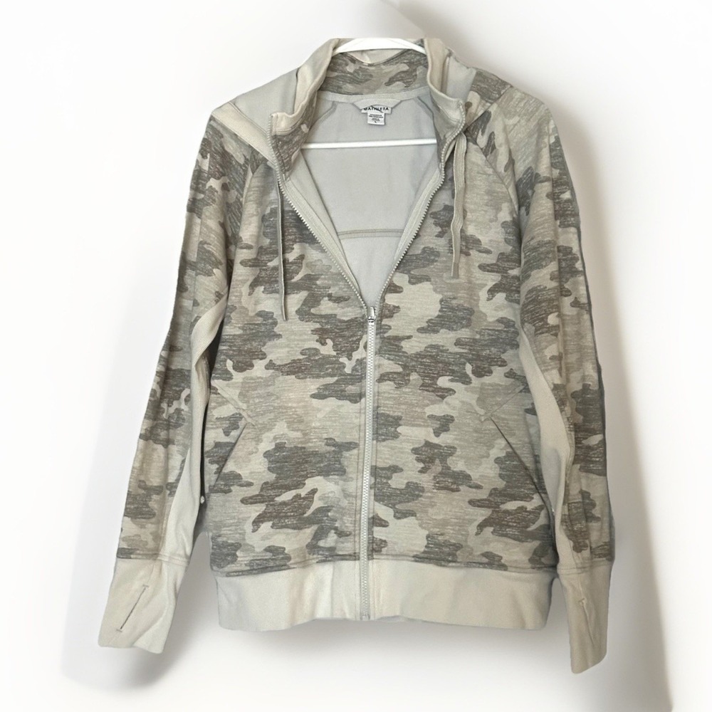 Athleta Womens Triumph Printed Hoodie Full Zip Jacket Large Gray Camo EUC